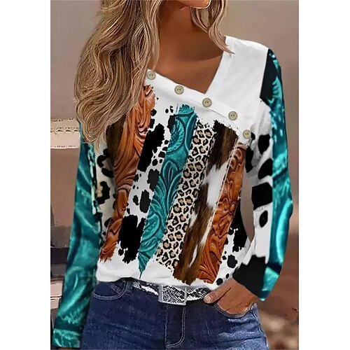 

Women's T shirt Tee Blue Graphic Leopard Button Print Long Sleeve Daily Weekend Basic V Neck Painting