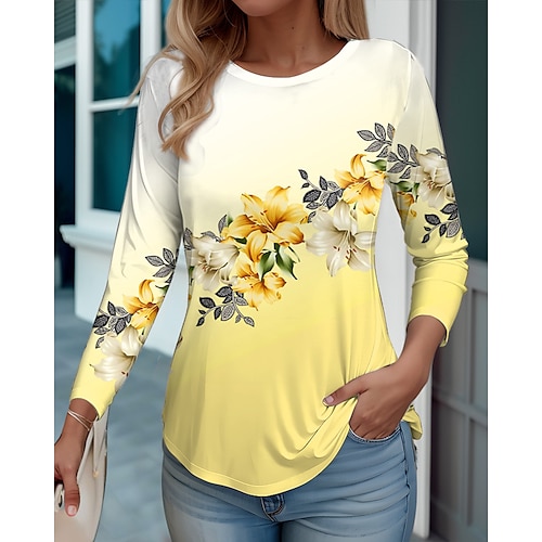 

Damen T Shirt Gelb Rosa Blau Blumen Bedruckt Langarm Täglich Wochenende Basic Neon und Hell Rundhalsausschnitt Regular Fit Blume Farbe Herbst Winter