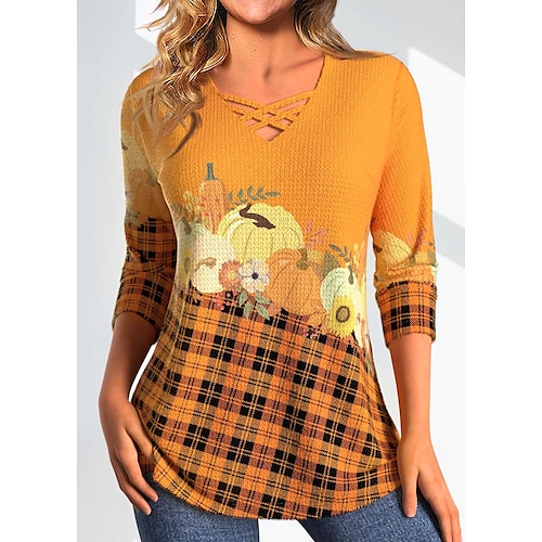 

Damen T Shirt Halloween-Shirt Orange Plaid Kürbis Bedruckt Langarm Halloween Wochenende Basic V Ausschnitt Regular Fit Farbe Herbst Winter