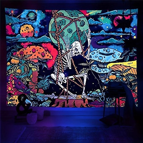 

Blacklight Tapestry UV Reactive Glow in the Dark Skull Trippy Misty Mushroom Nature Landscape Hanging Tapestry Wall Art Mural for Living Room Bedroom