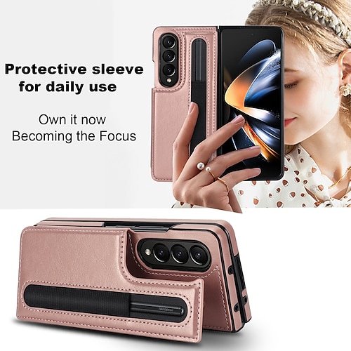 

Handy Hülle Handyhüllen Für Samsung Galaxy Z Fold 5 Z Fold 4 Z Fold 3 Ledertasche Steckplätze für Kartenhalter Ständer mit Stifthalter Feste Farbe PC PU-Leder