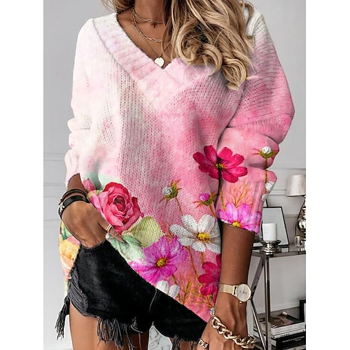 

Pull Maille Femme Crocheté Tricoter Tunique Imprimer Floral Col V mode Décontractées du quotidien Épaule tombante manche longue Eté Printemps Rose Claire S M L