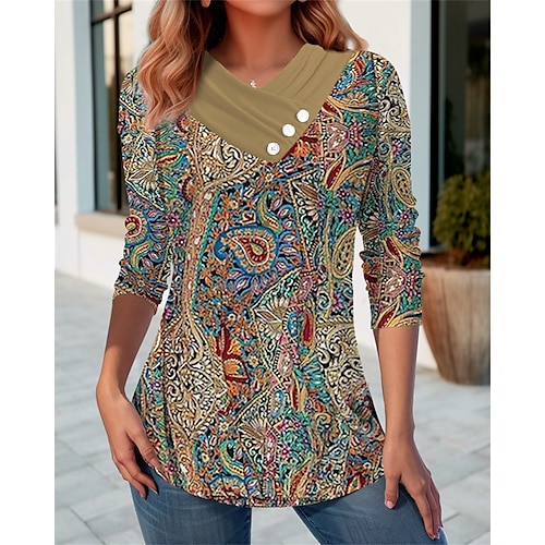 

Women's T shirt Tee Yellow Pink Blue Paisley Button Print Long Sleeve Daily Weekend Basic V Neck Regular Fit Painting Spring Fall