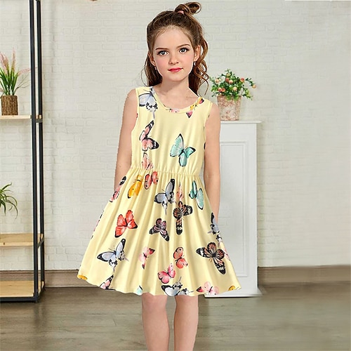 

Kinder-Mädchenkleid, bunter Schmetterling, Hase, ärmelloses Baumwollkleid, süßes Sommer-Sommerkleid mit Tasche, Urlaubsmode, knielang, 3–12 Jahre