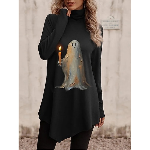 

Damen T Shirt Halloween-Shirt Schwarz Geist Asymmetrisch Bedruckt Langarm Halloween Wochenende Basic Stehkragen Regular Fit Farbe