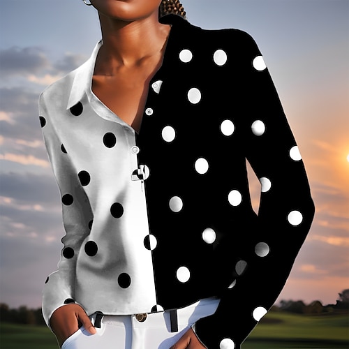 

Women's Polo Shirt Golf Shirt Button Up Polo Breathable Quick Dry Moisture Wicking Long Sleeve Golf Apparel Golf Clothes Regular Fit Polka Dot Color Block Spring Autumn Tennis Golf Pickleball