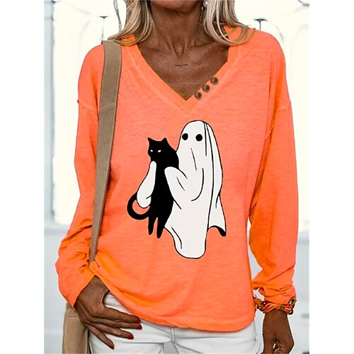 

Mulheres Camiseta camisa do dia das bruxas Laranja Gato Fantasma Botão Imprimir Manga Longa dia das Bruxas Final de semana Básico Neon Bright Decote V Normal Pintura Outono inverno