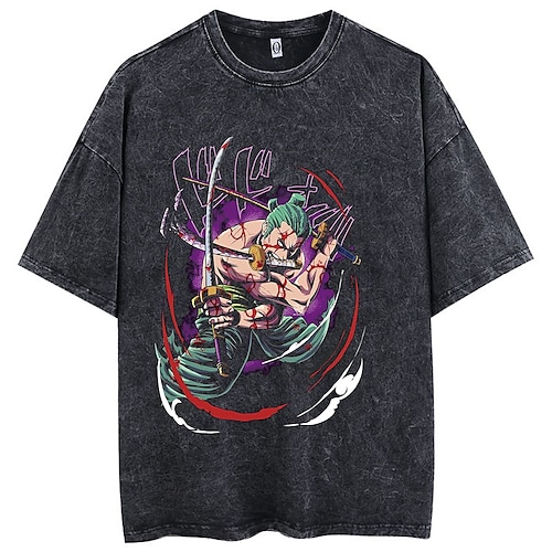 

One Piece Roronoa Zoro T-shirt Oversized Acid Washed Tee Punk Gothic T-shirt Retro Vinatge Street Style Hip Hop Unisex Adults Kids