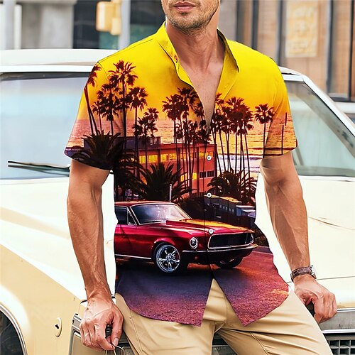 

Men's Shirt Summer Hawaiian Shirt Car Coconut Tree Graphic Prints Stand Collar Yellow Blue Outdoor Street Short Sleeve Print Clothing Apparel Fashion Designer Casual Comfortable