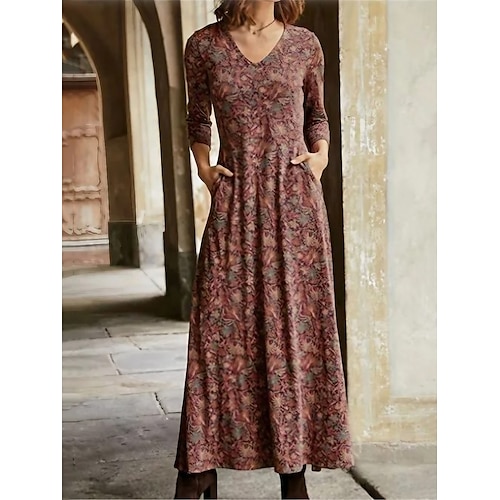 

Women's T Shirt Dress Casual Dress Winter Dress Floral Pocket Print V Neck Long Dress Maxi Dress Fashion Streetwear Outdoor Street Long Sleeve Regular Fit Yellow Red Blue Fall Winter S M L XL XXL