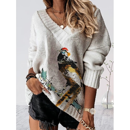 

Women's Pullover Sweater Jumper Jumper Crochet Knit Tunic Print Animal V Neck Stylish Casual Party Home Drop Shoulder Summer Spring White S M L