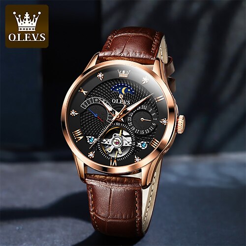 

nouvelle marque olevs montre en cuir pour hommes phase de lune lumineuse calendrier semaine affichage automatique montre mécanique squelette étanche sport multi-fonction montre-bracelet pour hommes