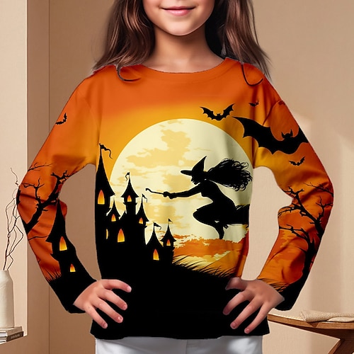 

Camiseta de Halloween para niña, camiseta de manga larga con estampado 3D de calabaza, poliéster de diseñador fresco, cuello redondo para niños al aire libre de 3 a 12 años, camisa de ajuste regular con gráfico impreso en 3D