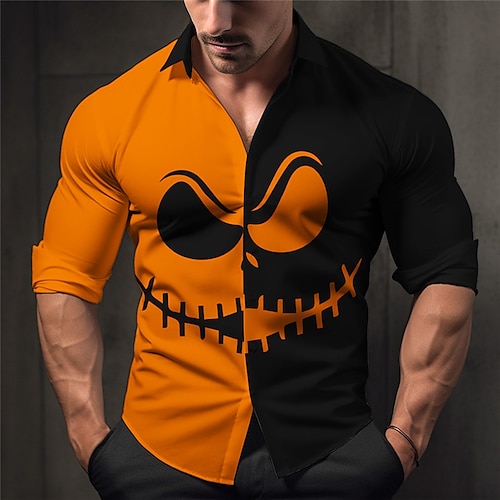 

Homme Chemise Potiron Fantôme Col rabattu Jaune Orange Extérieur Plein Air manche longue Imprimer Vêtement Tenue Mode Vêtement de rue Design Décontractées