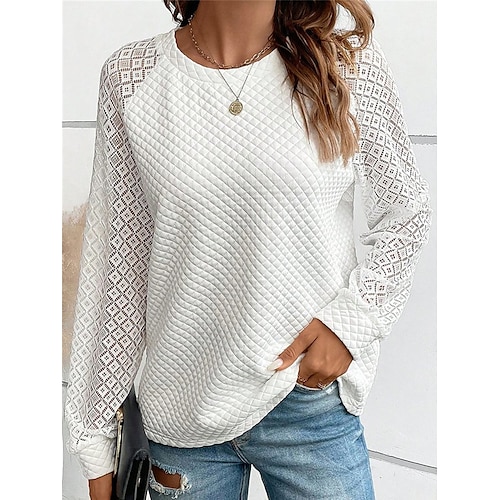 

Women's Pullover Sweater Jumper Jumper Waffle Knit Lace Trims Solid Color Crew Neck Stylish Casual Outdoor Daily Fall Winter White S M L