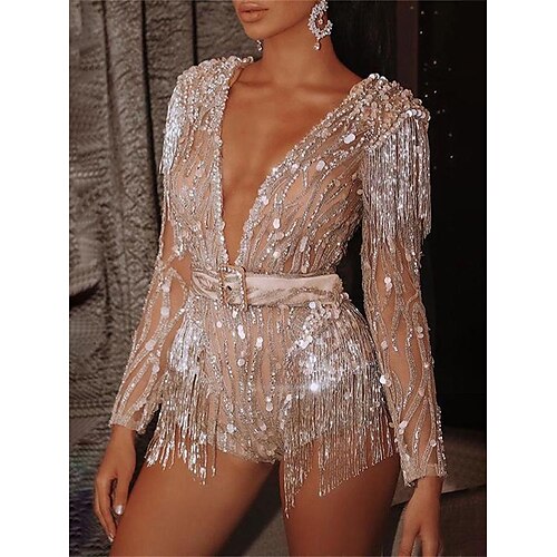 

Mujer Mono Borlas Lentejuela Color sólido Escote en V Profunda Ropa de calle Fiesta Fiesta de baile Ajuste regular Manga Larga Blanco Beige S M L Verano