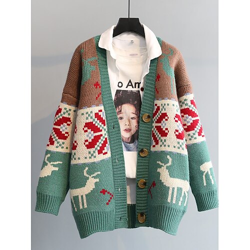 

Women's Cardigan Sweater Jumper Ribbed Knit Button Print Elk V Neck Stylish Casual Outdoor Daily Fall Winter Red Green One-Size