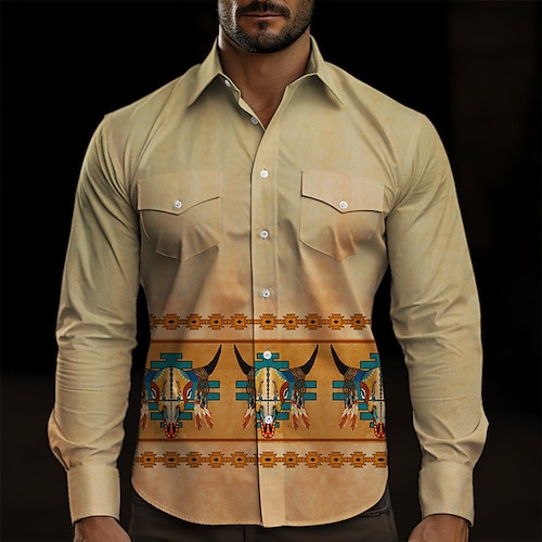 

Men's Shirt Tribal Graphic Prints Vintage Geometry Turndown Green Khaki Outdoor Street Long Sleeve Print Clothing Apparel Fashion Streetwear Designer Breathable