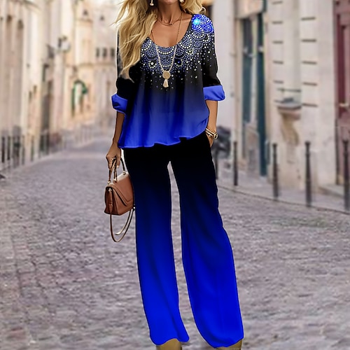 

Mulheres Camisa Social Conjuntos de calças Vermelho Azul Verde Gráfico Imprimir Manga Longa Casual / Diário Roupa de rua Decote U