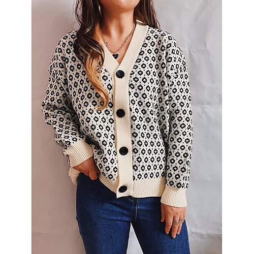 

Mulheres Sueter Cardigan Saltador Estriado Tricotar Botão Geométrica Decote V à moda Casual Diário Para Noite Outono Inverno Preto Azul S M L