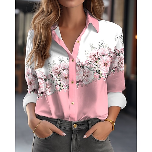 

Women's Shirt Blouse Pink Blue Purple Floral Button Print Long Sleeve Casual Holiday Basic Shirt Collar Regular Fit Floral Spring Fall