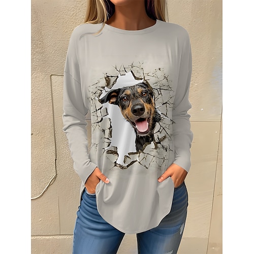 

Mulheres Camiseta Branco Cinzento Cachorro 3D Imprimir Manga Longa Diário Final de semana Diário Básico Decote Redondo Normal Pintura Outono inverno