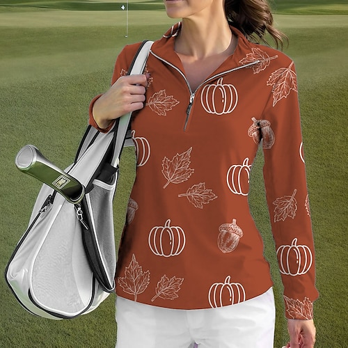 

Camisa pólo feminina camisa de halloween camisa de golfe respirável secagem rápida absorção de umidade manga longa vestuário de golfe roupas de golfe ajuste regular zíper gola impressa primavera outono tênis golfe pickleball