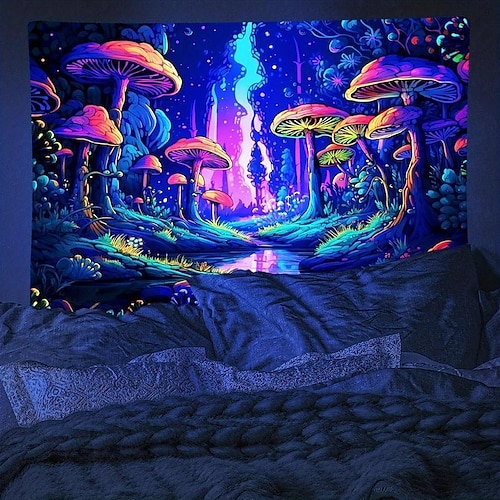 

tapeçaria de luz negra brilho reativo uv no escuro trippy enevoado cogumelo natureza paisagem tapeçaria pendurada mural de arte para sala de estar quarto