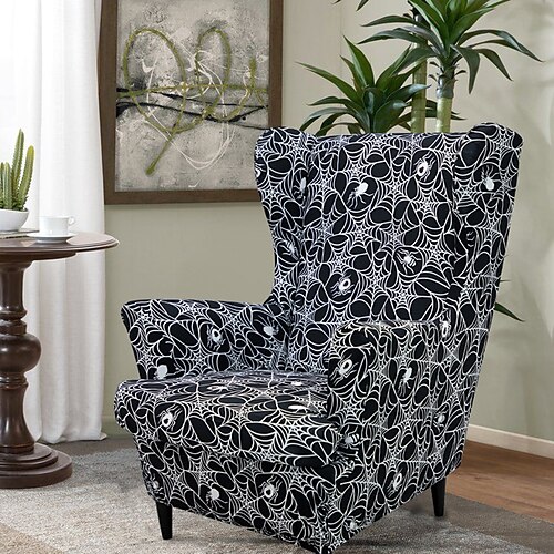 

Halloween Spider Web Wingback Chair Cover Wing Chair Slipcovers Spandex Stretch Wingback Armchair Covers with Seat Pad Cushion Cover for IKEA STRANDMON Chair Halloween Decoration