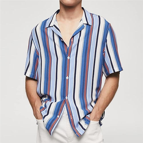 

Homens Camisa Social Listrado Estampas Abstratas colar cubano Azul Ao ar livre Casual Manga Curta Imprimir Roupa Esportes Moda Roupa de rua Designer