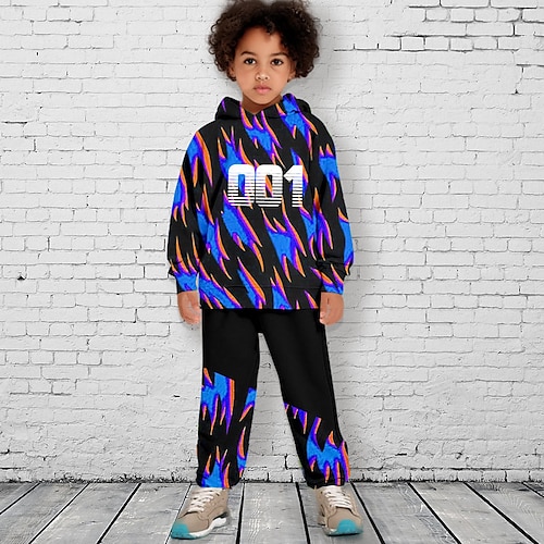 

2 Pieces Kids Boys Hoodie Pants HoodieSet Clothing Set Outfit Graphic Letter Long Sleeve Print Set Outdoor 3D Printing Active Fashion Cool Summer Fall 3-12 Years Blue Purple