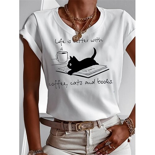 

Mulheres Camiseta Branco Gato Letra Imprimir Manga Curta Diário Final de semana Básico Decote Redondo Normal Gato Pintura