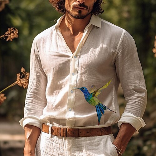 

Hombre Camisa camisa de lino Pájaro Estampados Cuello Vuelto Blanco Azul Piscina Verde Trébol Caqui Exterior Calle Manga Larga Estampado Ropa Lino Moda Ropa de calle Design Casual