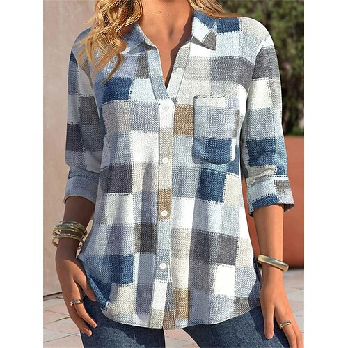 

Women's Shirt Blouse Red Blue Purple Plaid Button Pocket Long Sleeve Casual Daily Basic Shirt Collar Regular Fit Fall Winter