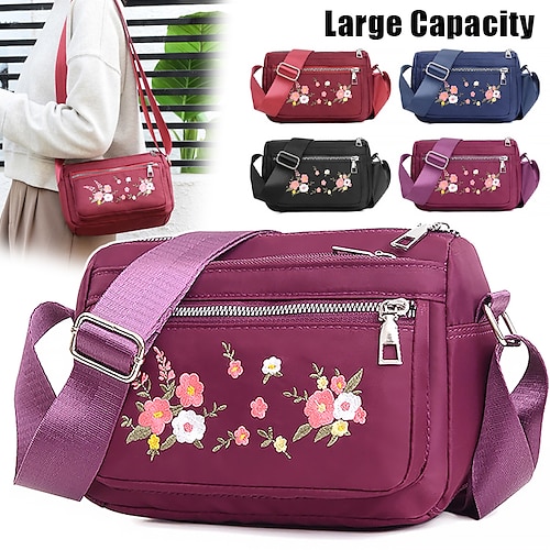 

Women's Crossbody Bag Shoulder Bag Hobo Bag Nylon Outdoor Daily Holiday Embroidery Large Capacity Waterproof Lightweight Solid Color Flower Black Red Blue