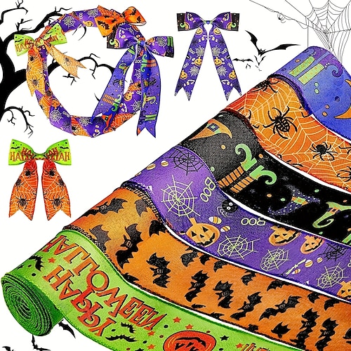 

1 rouleaux de ruban d'halloween imprimé avec des toiles d'araignées violettes tachetées de chauves-souris citrouilles de toiles d'araignées de citrouille ruban gros-grain pour couronne d'halloween