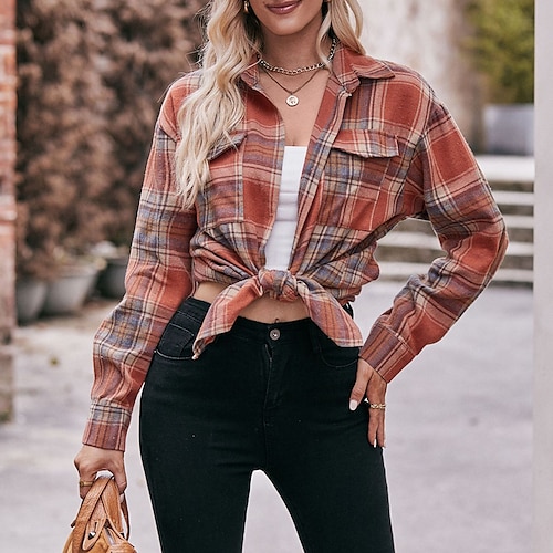 

Mujer Camisa Blusa Amarillo Vino Rojo Plaid Botón Estampado Manga Larga Casual Diario Básico Cuello Camisero Ajuste regular Otoño invierno