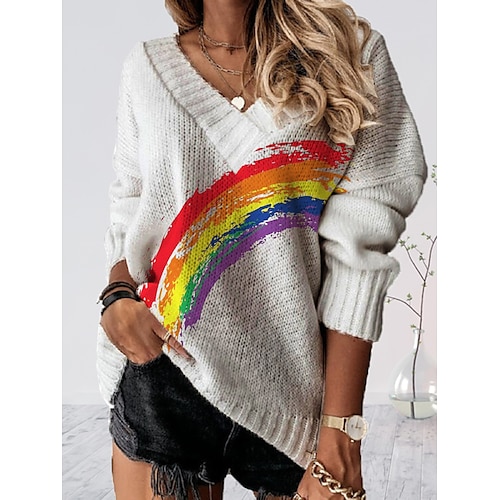 

Damen Pullover Strickwaren Gehäkelt Stricken Tunika Bedruckt Regenbogen V Ausschnitt Stilvoll Brautkleider schlicht Party Heim Drop-Schulter Sommer Frühling Weiß S