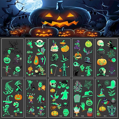 

Nuevas pegatinas de tatuaje luminosas de halloween dibujos animados divertidos de calabaza fantasma elemento pegatinas de tatuaje al por mayor