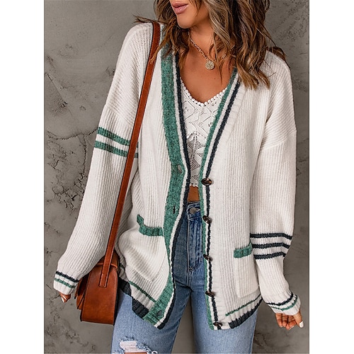 

Mulheres Sueter Cardigan Saltador Estriado Tricotar Botão Listrado Decote V à moda Casual Diário Para Noite Outono Inverno Branco S M L