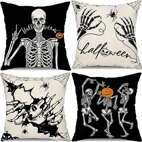 

Halloween doppelseitiger Kissenbezug, 4 Stück, weich, dekorativ, quadratisch, Kissenbezug für Schlafzimmer, Wohnzimmer, Sofa, Couch, Stuhl, Totenkopf, Süßes oder Saures, Urlaub