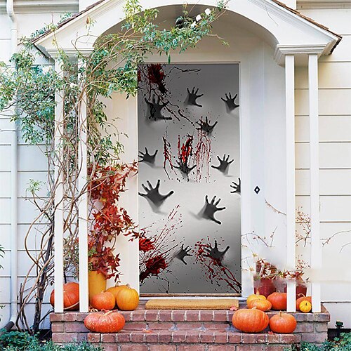 

capa de porta de tapeçaria de halloween pano de fundo de mão ensanguentada decoração de parede de halloween porta da frente ou decoração de casa interior decorações de festa de halloween 1 peça