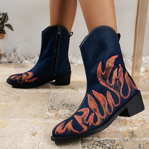 

Femme Bottes Bottes Cow boy Grandes Tailles Extérieur du quotidien Talon bloc Talon Bottier Bout pointu Mode Rétro Vintage Toile de jean Fermeture Floral Bleu