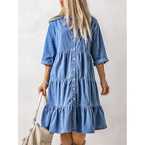 

Mujer Vestido informal Vestido camisero vaquero Vestido Midi Mezclilla Moda Moderno Exterior Diario Vacaciones Cuello Camisero Botón Bolsillo Manga 3/4 Primavera Otoño 2023 Ajuste regular Azul Piscina