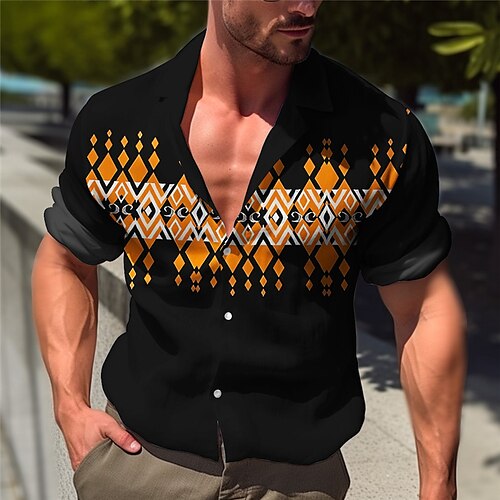 

Herren Hemd leinenhemd Geometrie Kubanisches Halsband Orange Grün Outdoor Strasse Kurze Ärmel Bedruckt Bekleidung Leinen Modisch Designer Brautkleider schlicht Weich