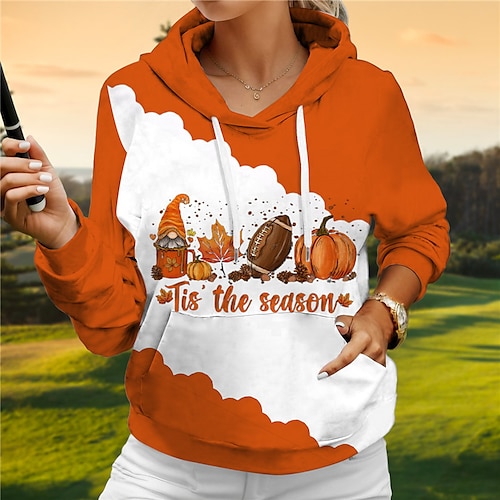 

Damen-Golf-Hoodie, Halloween-Shirt, Kürbis-Golfpullover, atmungsaktiv, schnell trocknend, mit Taschen, langärmelig, Golfbekleidung, Farbblock, Frühling, Herbst, Tennis, Golf, Pickleball