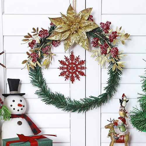 

Décoration de fête de fleurs de noël, fleurs de noël artificielles, flocons de neige, feuilles de pin et de cyprès, couronnes de fruits, souvent utilisées pour la maison, le restaurant, l'hôtel, le