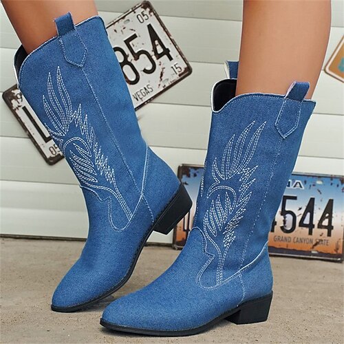 

Femme Bottes Bottes Cow boy Bottes mi-mollet Bottes de cow-girl Halloween du quotidien Hiver Talon bloc Bout pointu Rétro Vintage Mode Elégant Faux Cuir Mocassins Broderie Noir Blanche Bleu