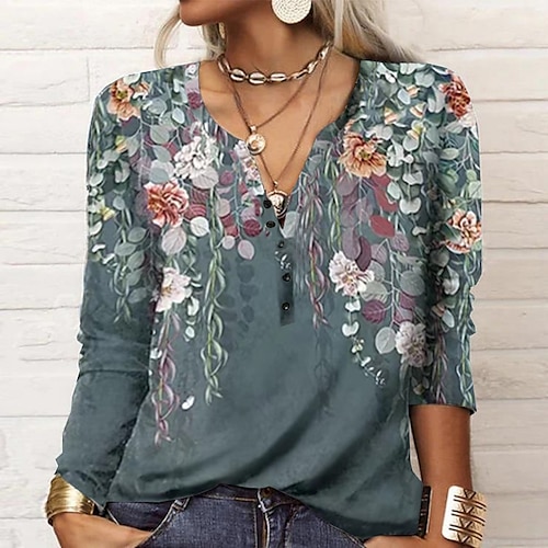 

Women's T shirt Tee Black Pink Red Floral Button Print Long Sleeve Holiday Weekend Daily Basic V Neck Regular Fit Floral Painting Fall Winter