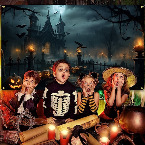  halloween dekorasjoner billedvev jack o lanterne gresskar dekor veggkunst stor hengende billedvev veggmaleri fotografi bakteppe teppe gardin hjem soverom stue flaggermus hjemsøkt hus kirkegård